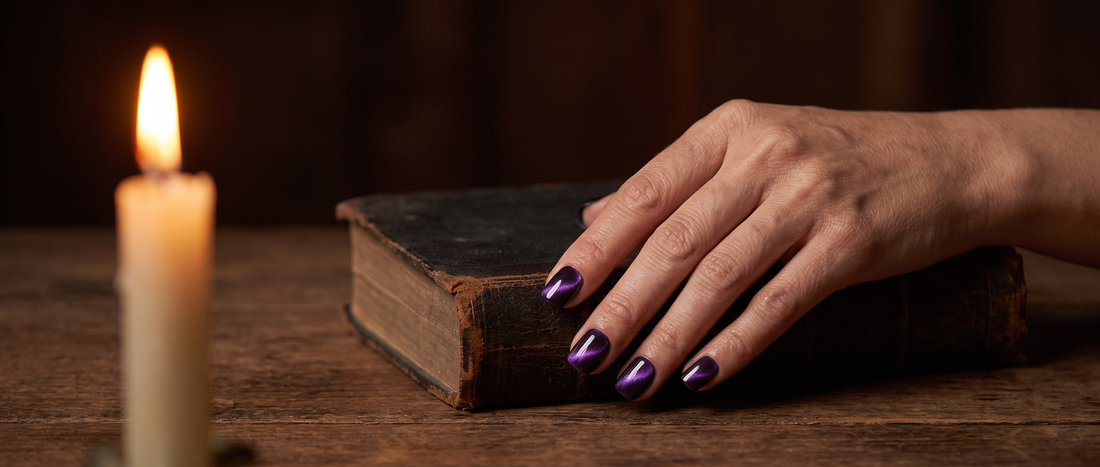 Hand wearing deep violet cat eye square press-on nails resting on an old leather book beside a lit candle