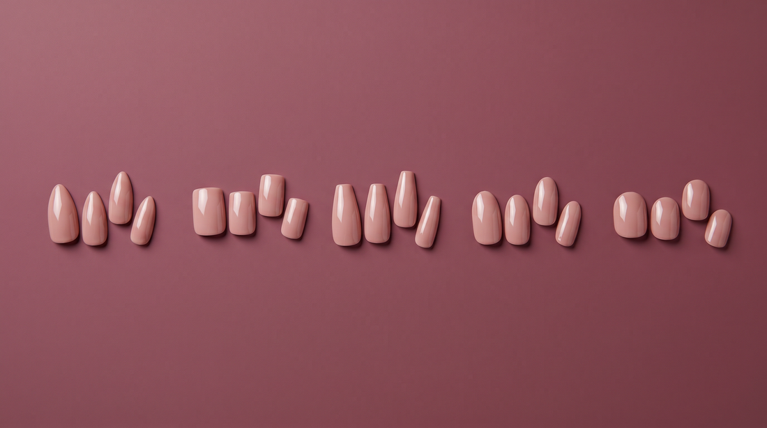 Nude press-on nails in five shapes on a mauve background