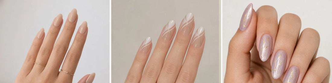 Three Nailoli almond and round press-on sets on hands: Cashmere Nude Almond, Champagne Round with a gold line, and Lilac Pearl Almond