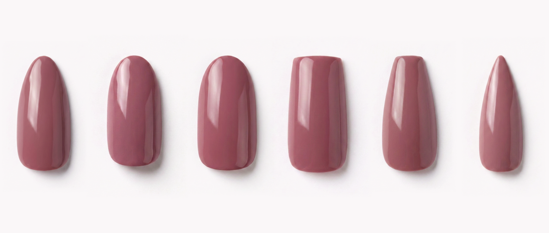 Six press-on nail shapes in a row: almond, oval, round, square, coffin, and stiletto