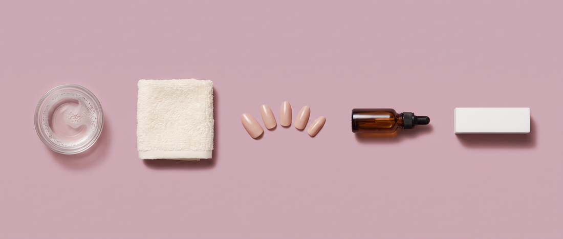 Flat lay of a bowl of soapy water, a towel, removed press-on nails, cuticle oil, and a buffing block