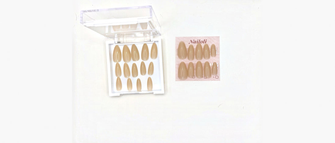 Open Nailoli case holding spare nude almond press-on nails next to a Nailoli card with a set of ten