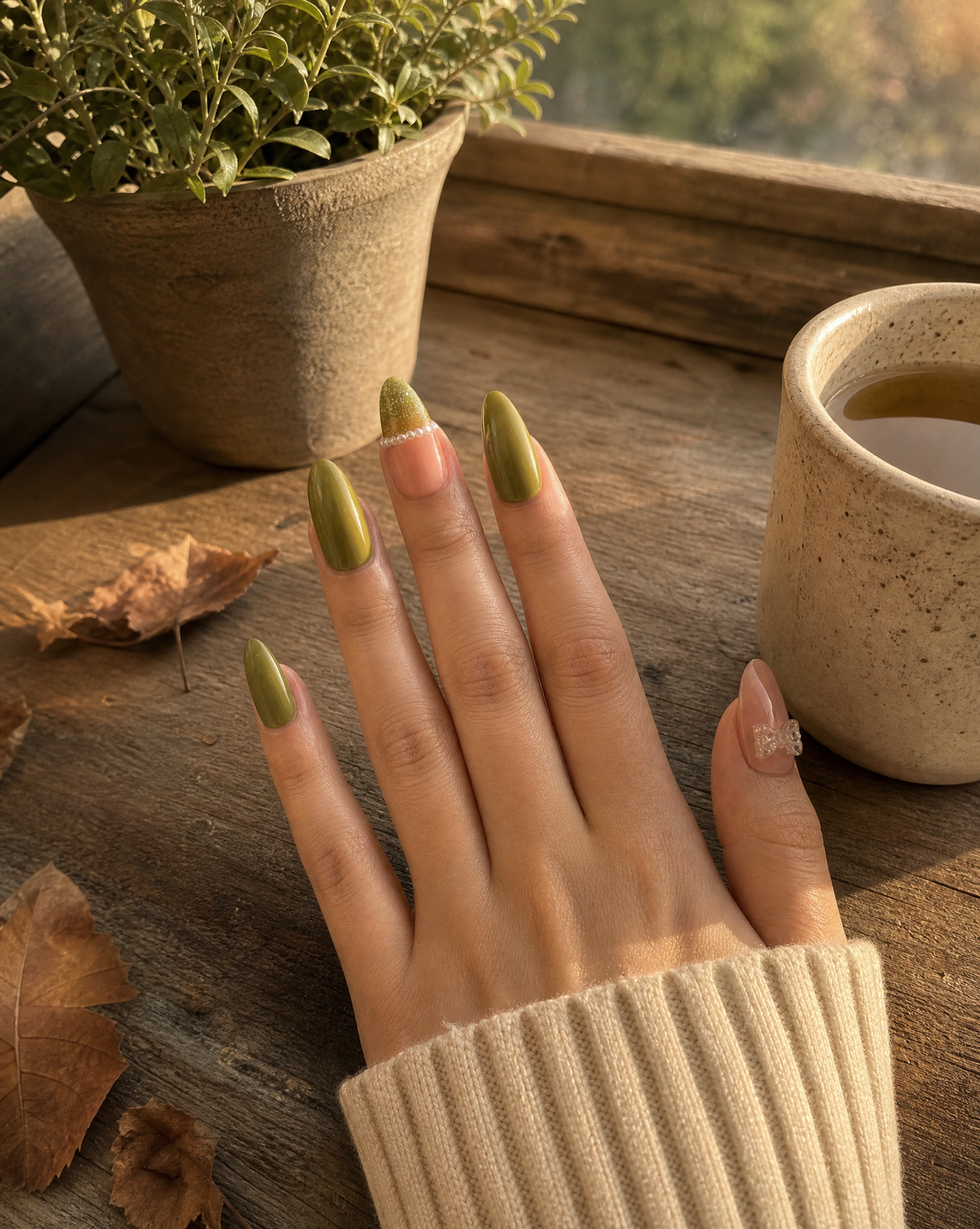 Hand with glossy olive green almond press-on nails resting on a wooden table beside a small plant and a cup of tea in autumn light